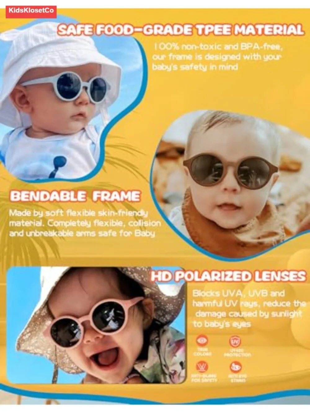 Polarized Baby Sunglasses with Silicone Strap - Bendable TPEE Flexible Infant